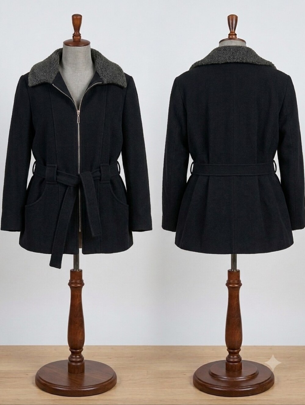 Chic Black Wool Blend Jacket | Zip-Up, Belted, Faux Fur Collar